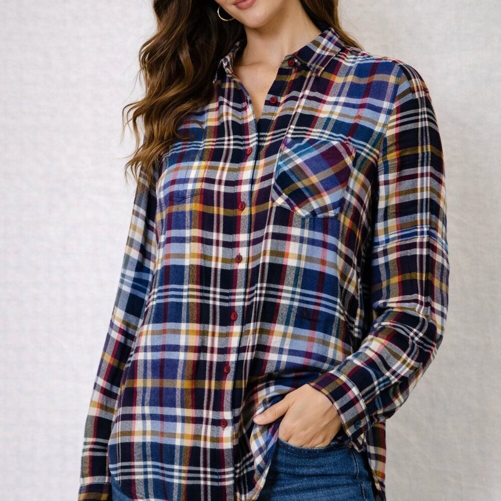 Lucky Brand Plaid Flannel Button Up |‎ Back Button Detail | Size L